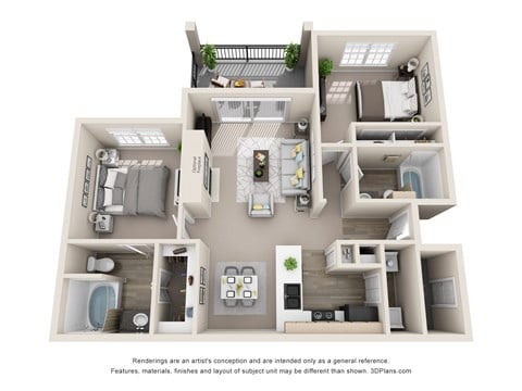 Floor plan for 2 beds, 2 baths, 995 sqft